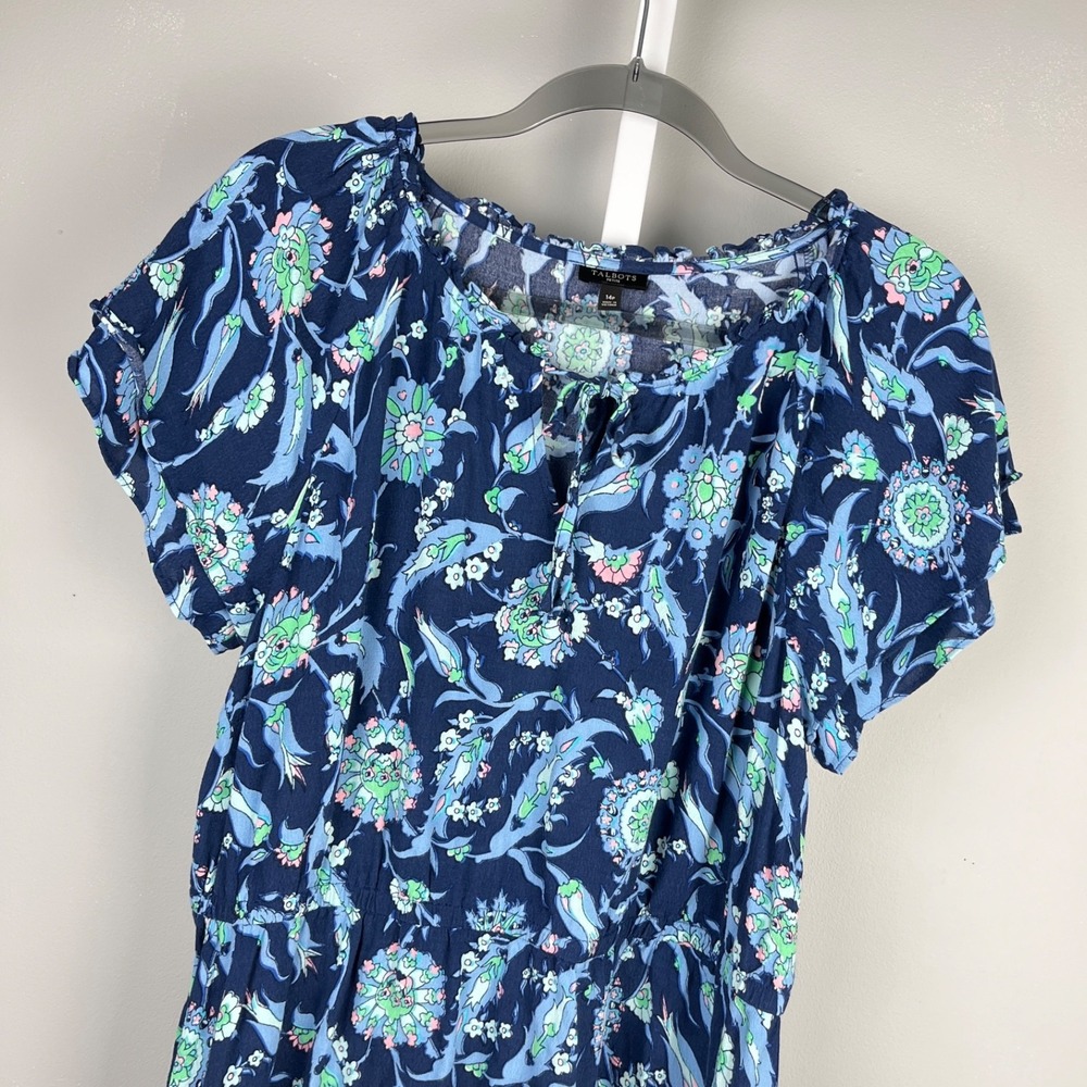Talbots Petites Dress Womens 14P Blue Green Floral Preppy Summer Boho Casual